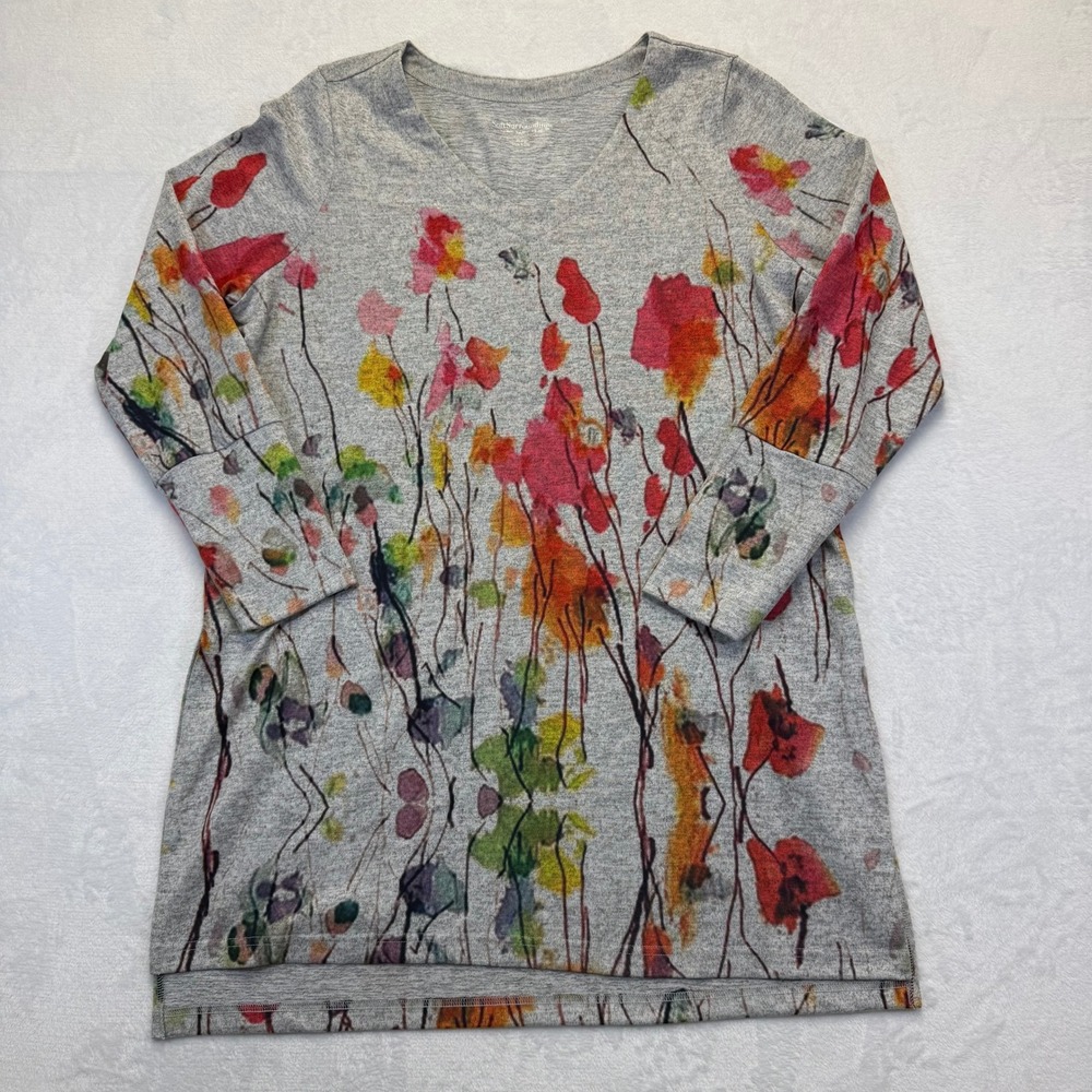 Soft Surroundings Gray Floral V-Neck Tunic Top 3/4 Sleeve 2AE48 Womens XL